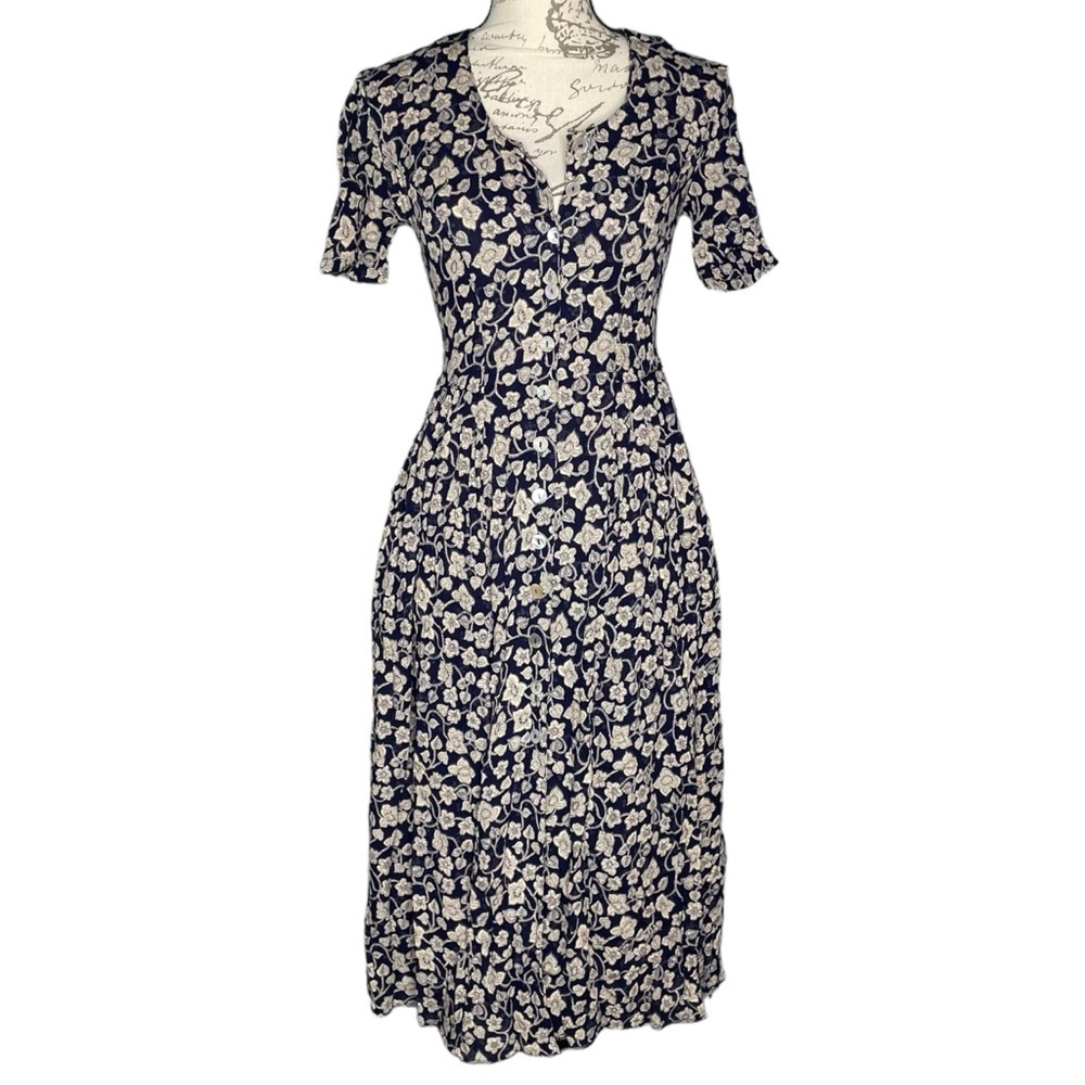 Marks & Spencer navy midi dress floral pattern buttons front women’s size 6